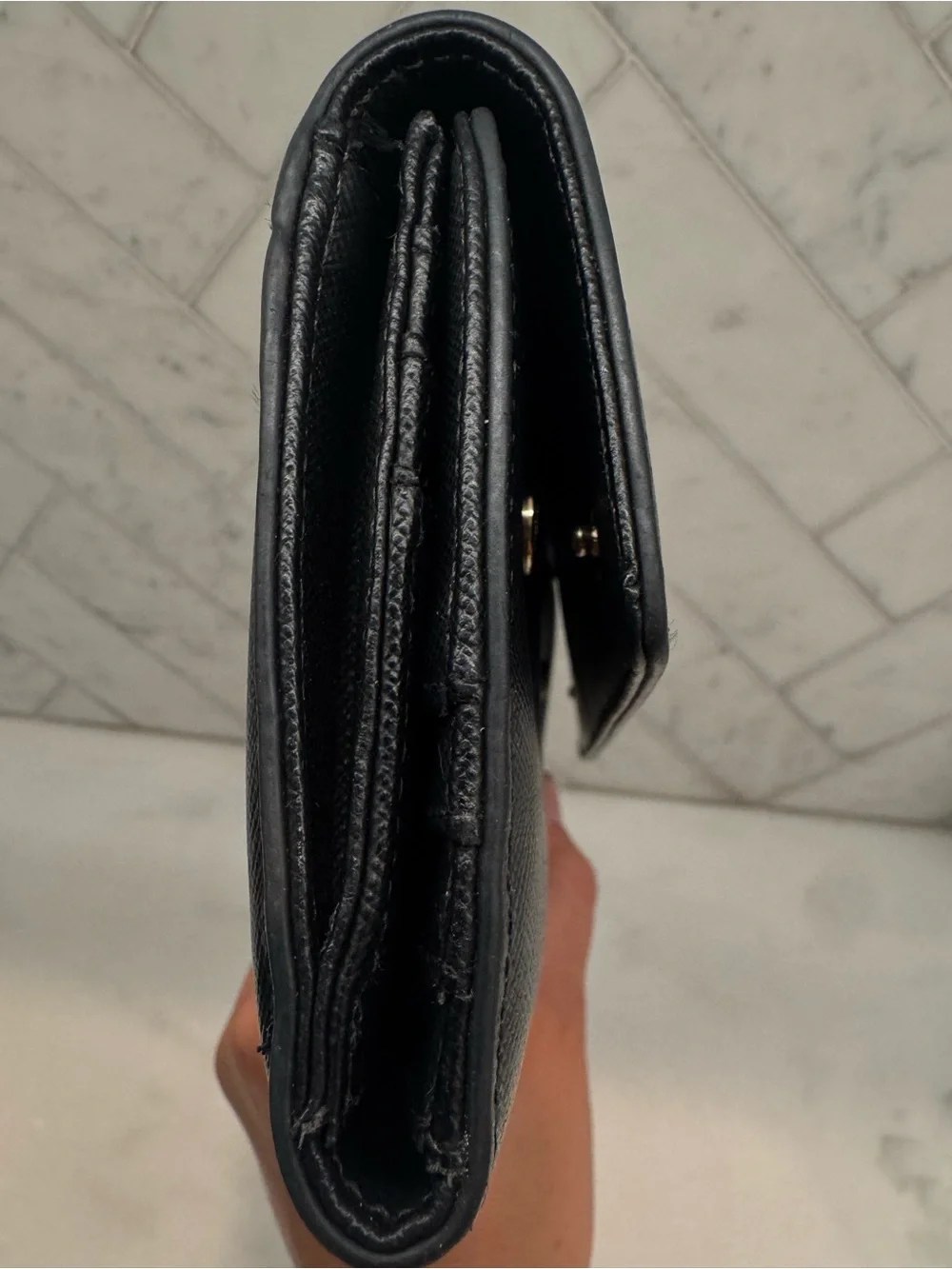 Tory Burch Black Leather Logo Flap Wallet with Gold Emblem